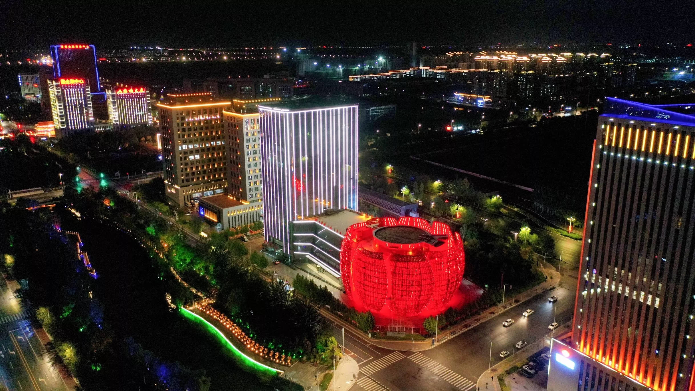 高空俯瞰宁夏银川市阅海湾cbd